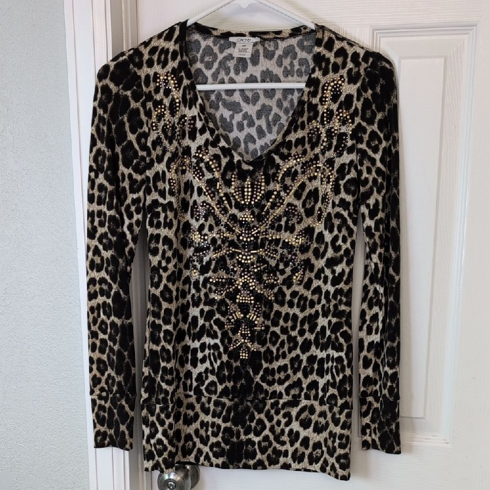 Cache Leopard Patterned Long Sleeve Vintage Top